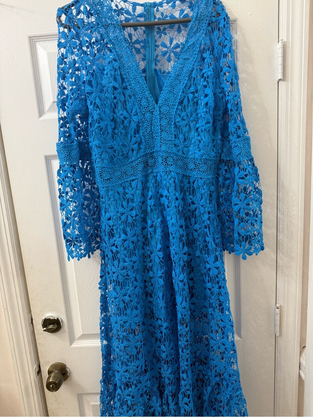 Blue Crochet Lace V-Neck Maxi Dress